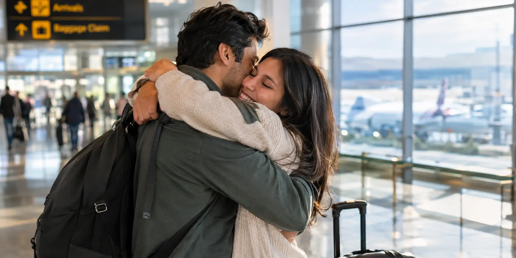 Long distance couple airport reunion AI photo prompt