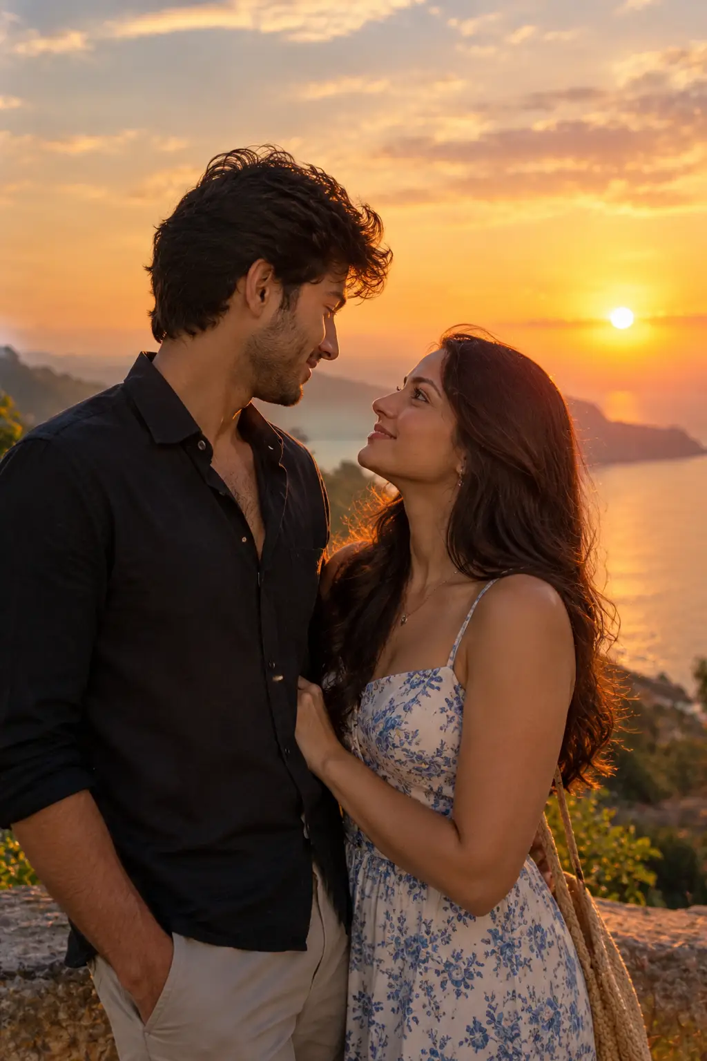 Romantic sunset couple AI photo prompt