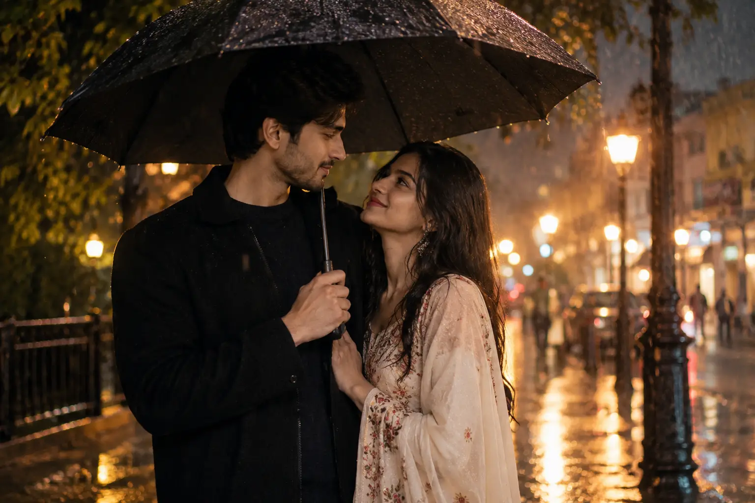 Rainy couple AI photo prompt