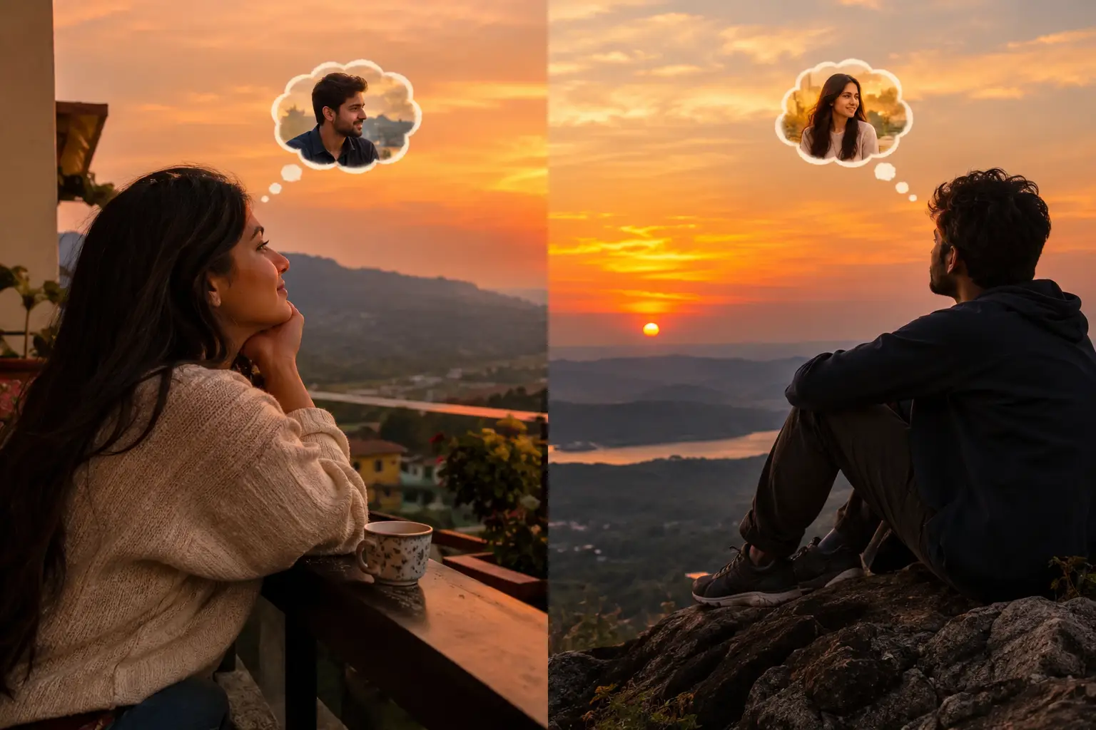 Long distance couple watching sunset AI photo prompt